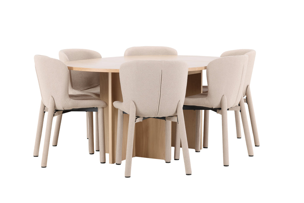 Strada matgrupp med 6 Astoria-stolar vitlaserad/beige