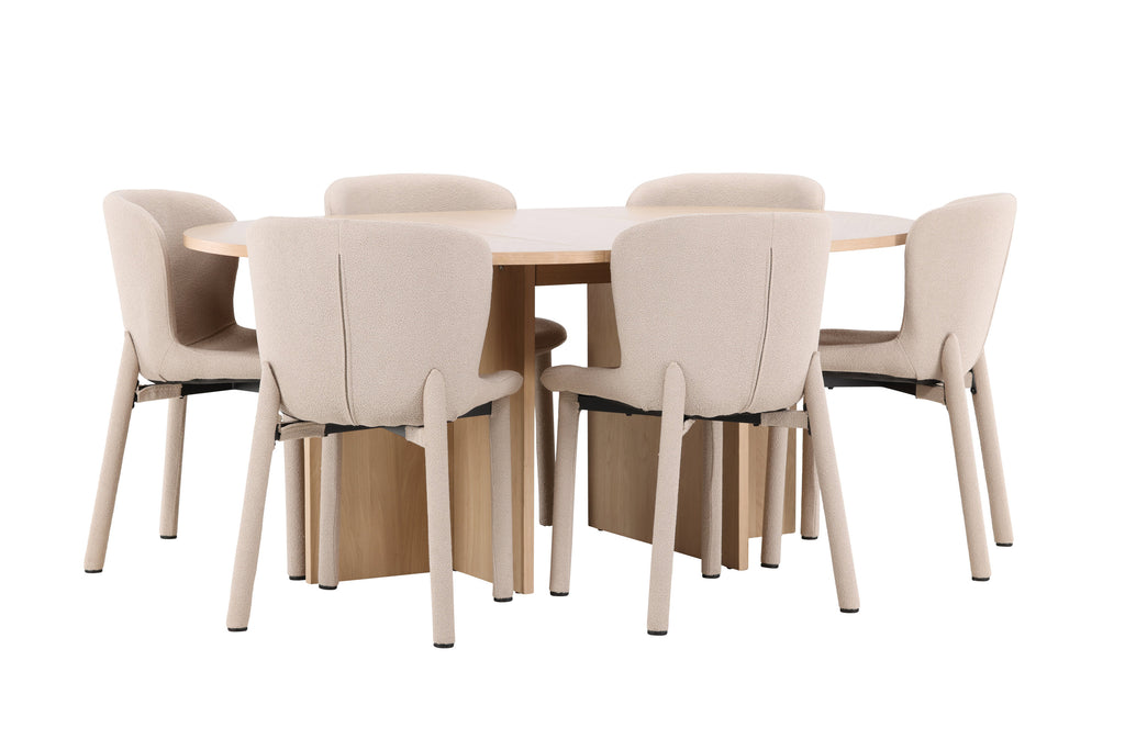 Strada matgrupp med 6 Astoria-stolar vitlaserad/beige