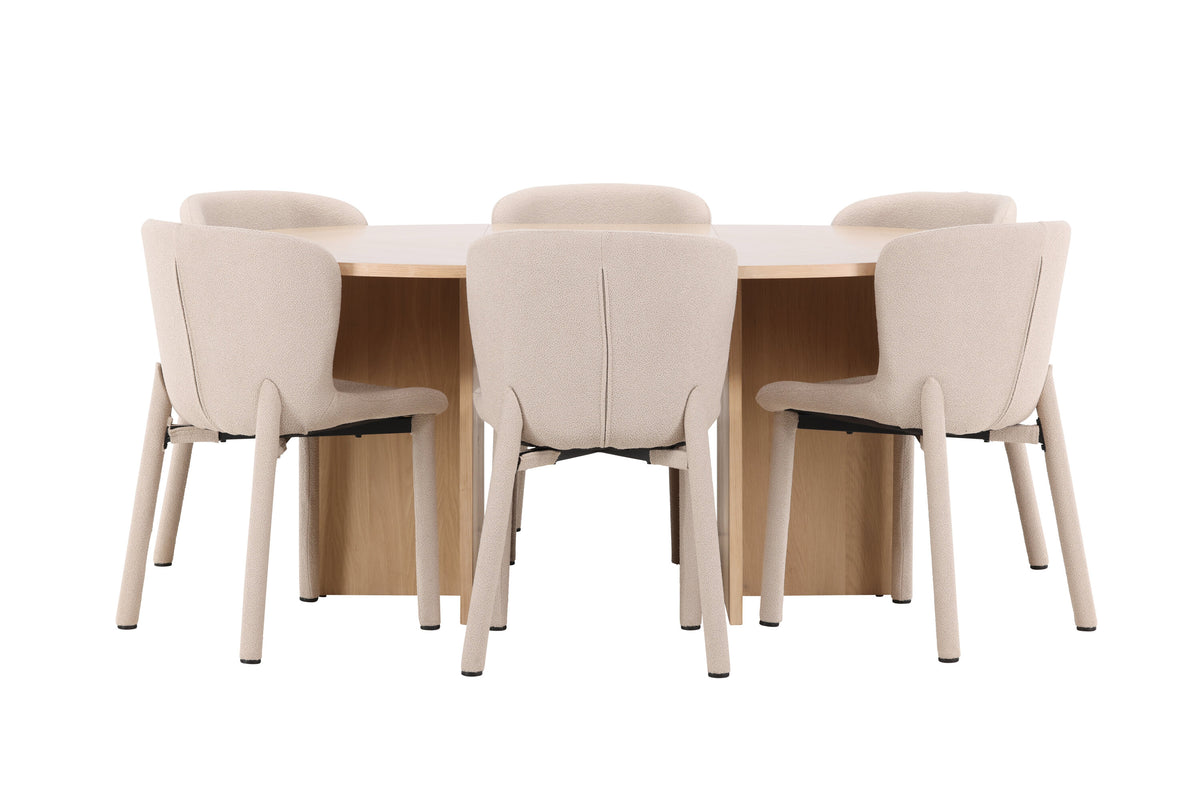 Strada matgrupp med 6 Astoria-stolar vitlaserad/beige