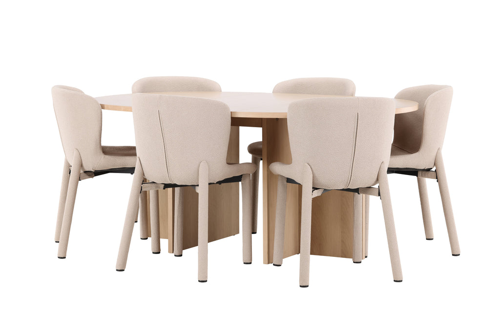 Strada matgrupp med 6 Astoria-stolar vitlaserad/beige