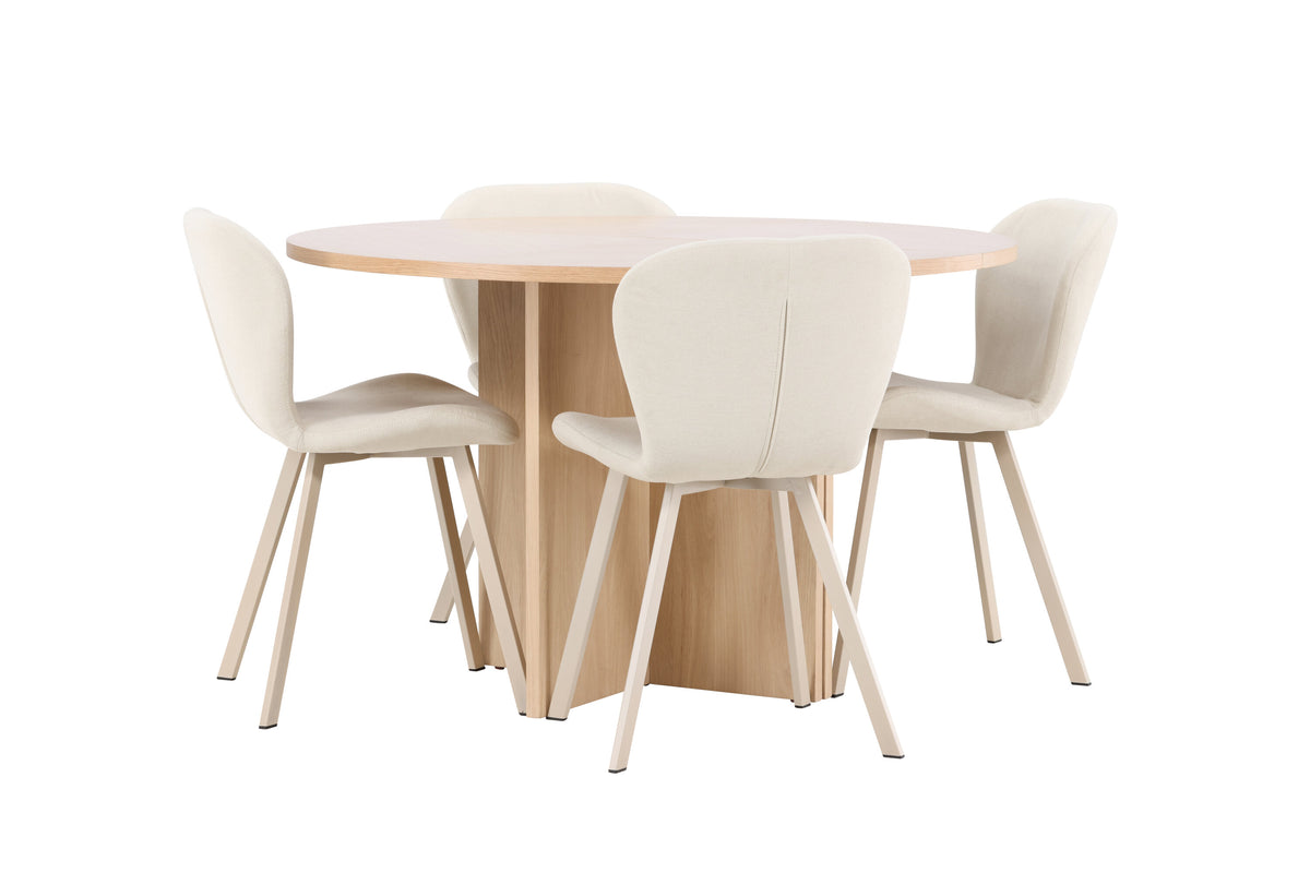 Strada matgrupp med 4 Lilja-stolar vitlaserad/beige