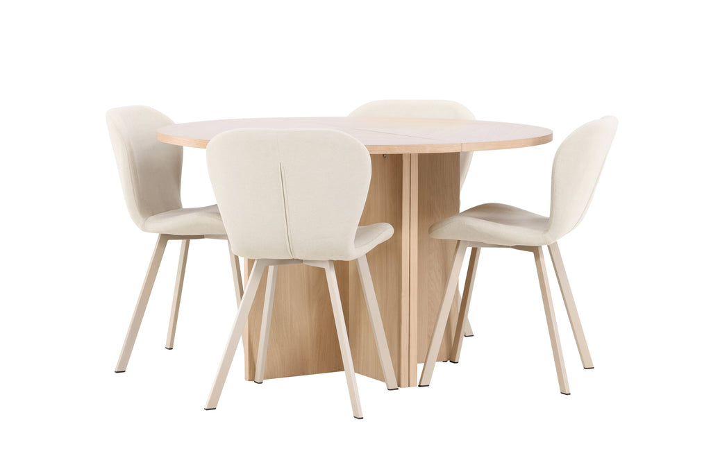 Strada matgrupp med 4 Lilja-stolar vitlaserad/beige