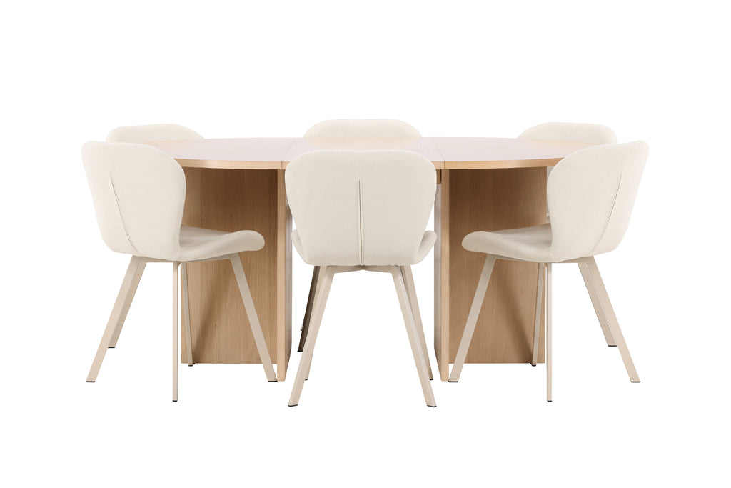 Strada matgrupp med 6 Lilja-stolar vitlaserad/beige