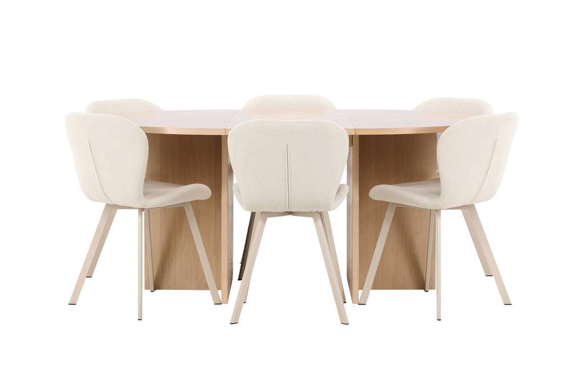 Strada matgrupp med 6 Lilja-stolar vitlaserad/beige