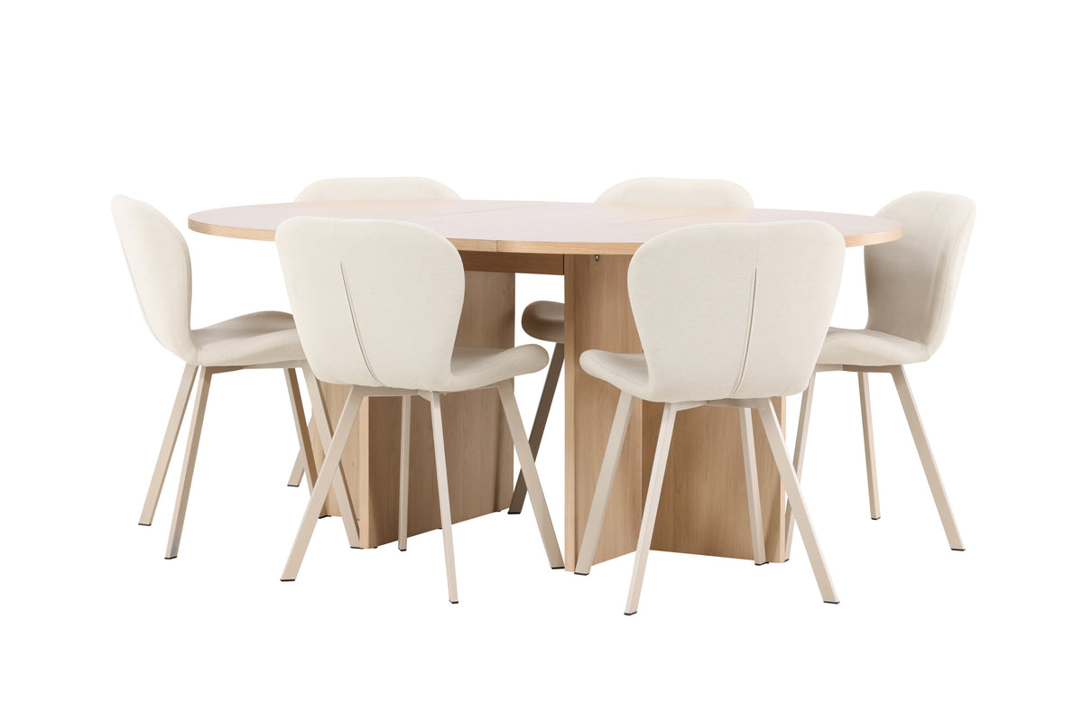 Strada matgrupp med 6 Lilja-stolar vitlaserad/beige