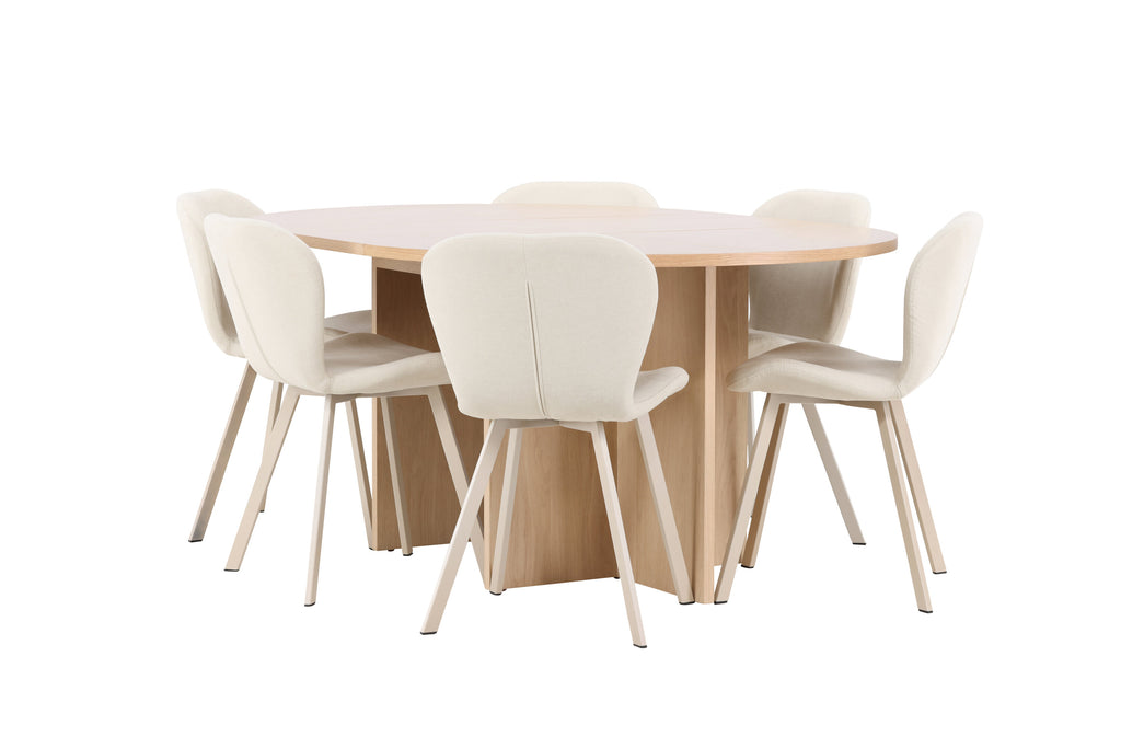 Strada matgrupp med 6 Lilja-stolar vitlaserad/beige