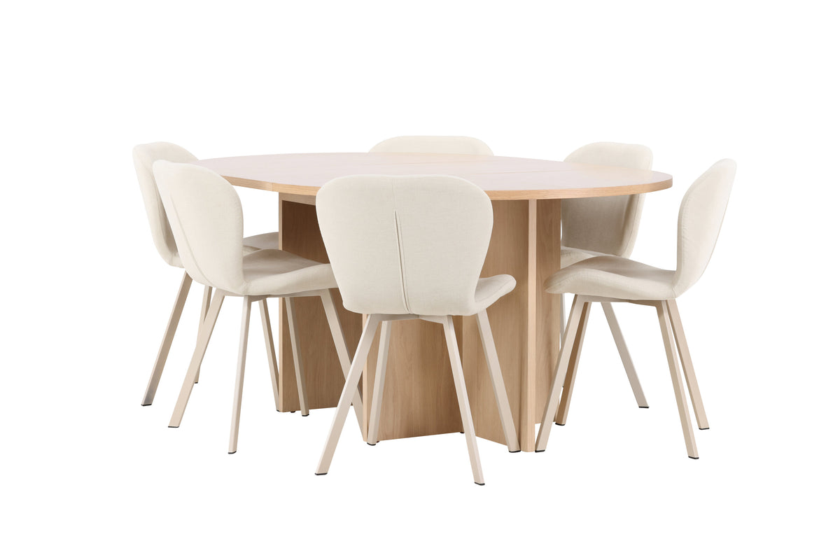 Strada matgrupp med 6 Lilja-stolar vitlaserad/beige
