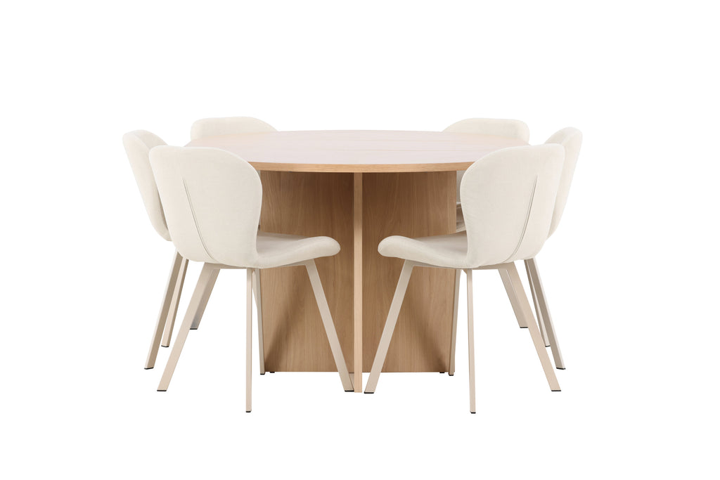 Strada matgrupp med 6 Lilja-stolar vitlaserad/beige