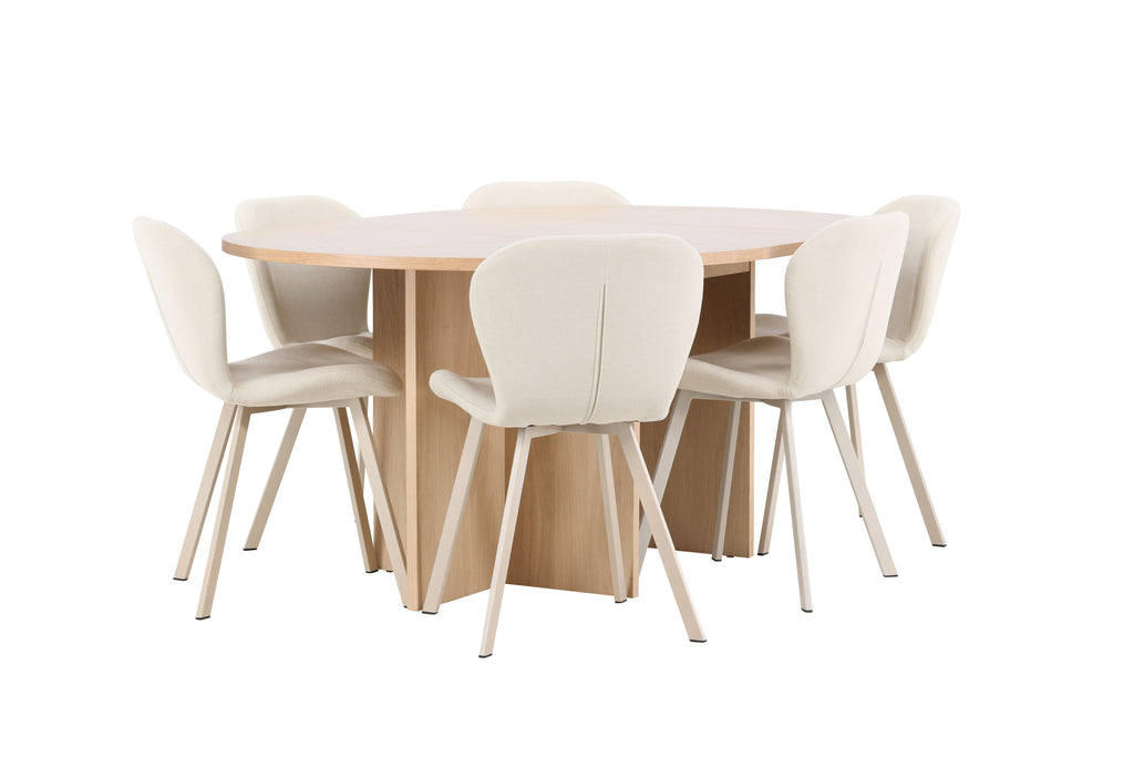 Strada matgrupp med 6 Lilja-stolar vitlaserad/beige