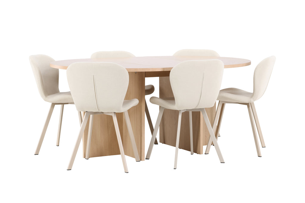 Strada matgrupp med 6 Lilja-stolar vitlaserad/beige