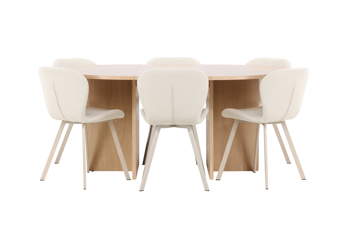 Strada matgrupp med 6 Lilja-stolar vitlaserad/beige