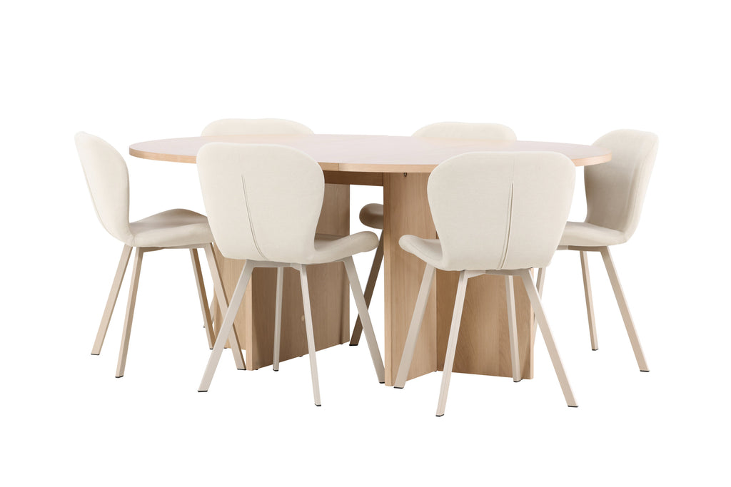 Strada matgrupp med 6 Lilja-stolar vitlaserad/beige