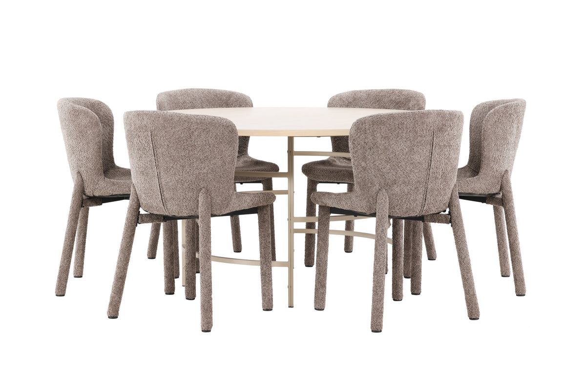 Copenhagen matgrupp vitlaserad/beige med 6 bruna Astoria-stolar
