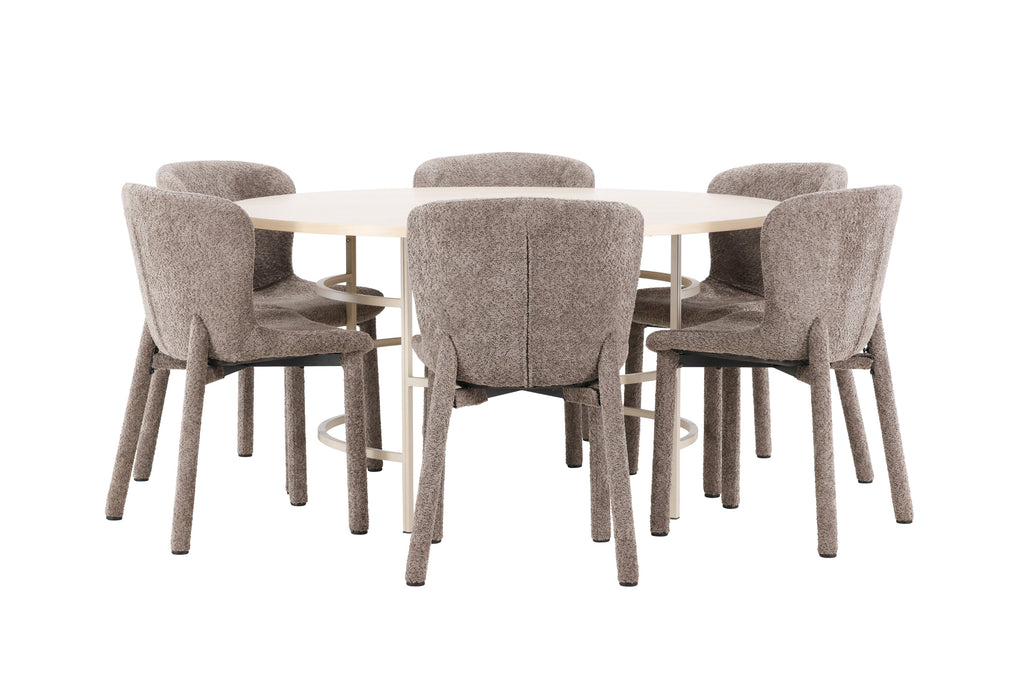 Copenhagen matgrupp vitlaserad/beige med 6 bruna Astoria-stolar