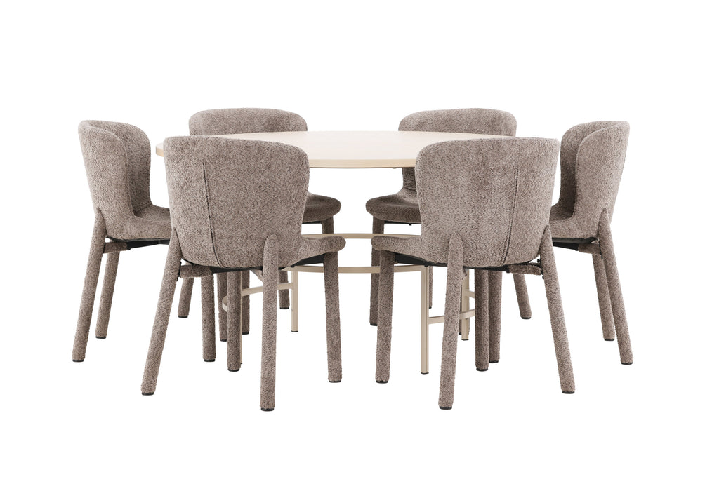 Copenhagen matgrupp vitlaserad/beige med 6 bruna Astoria-stolar