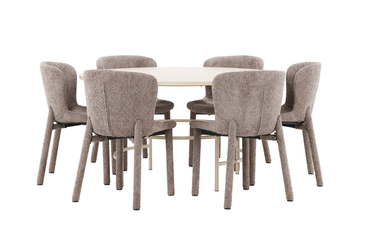 Copenhagen matgrupp vitlaserad/beige med 6 bruna Astoria-stolar
