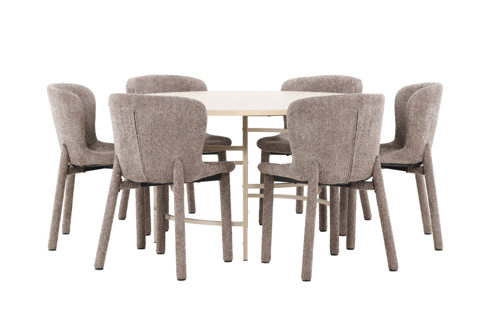 Copenhagen matgrupp vitlaserad/beige med 6 bruna Astoria-stolar