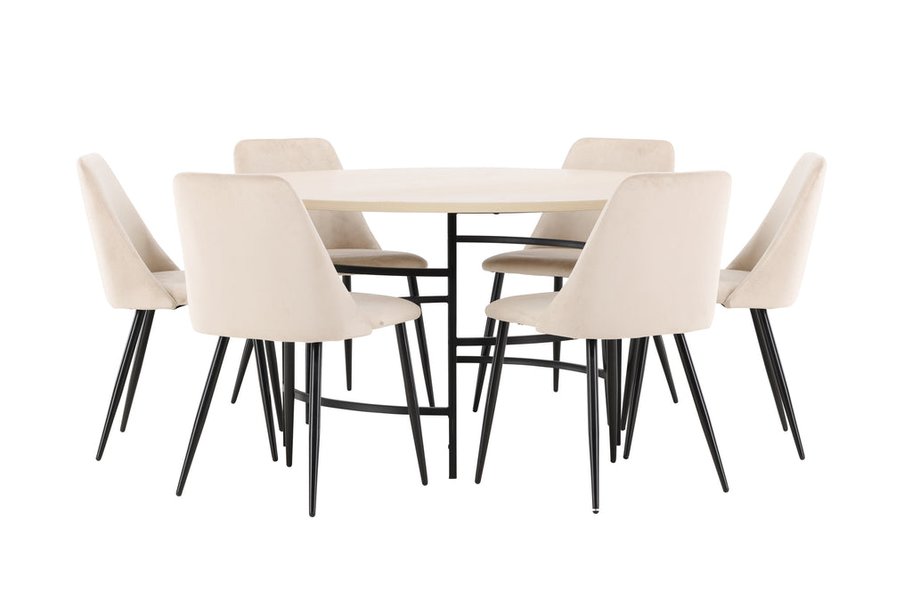 Copenhagen rund matgrupp med 6 Night-stolar vitlaserad/svart/beige