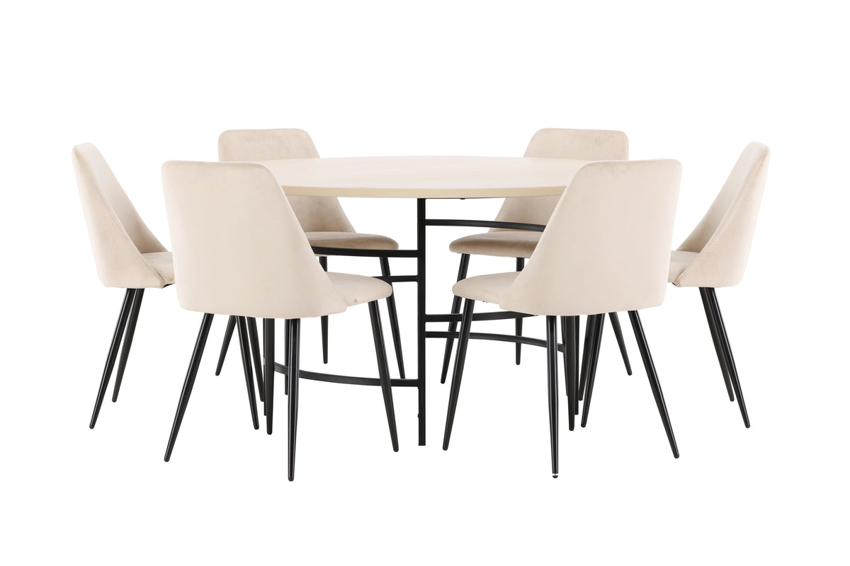 Copenhagen rund matgrupp med 6 Night-stolar vitlaserad/svart/beige