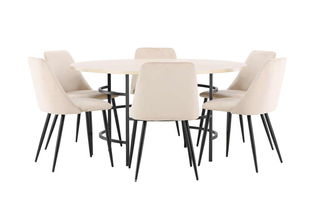 Copenhagen rund matgrupp med 6 Night-stolar vitlaserad/svart/beige
