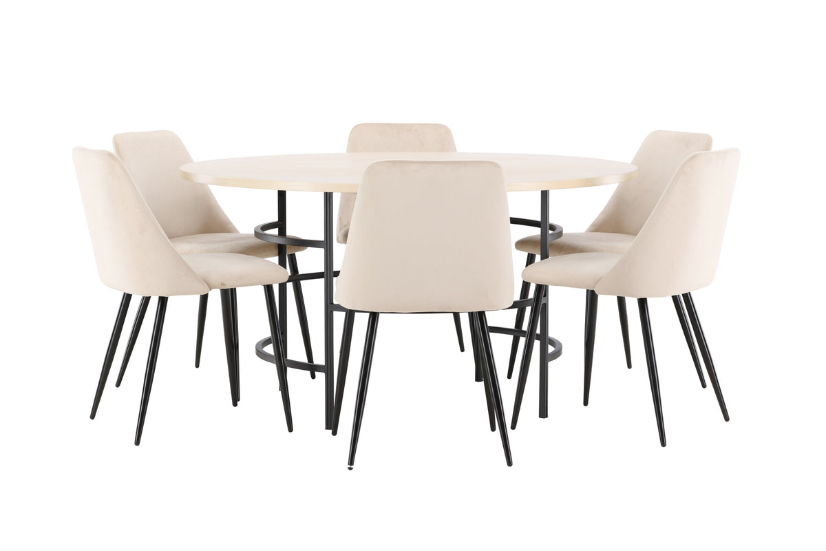 Copenhagen rund matgrupp med 6 Night-stolar vitlaserad/svart/beige