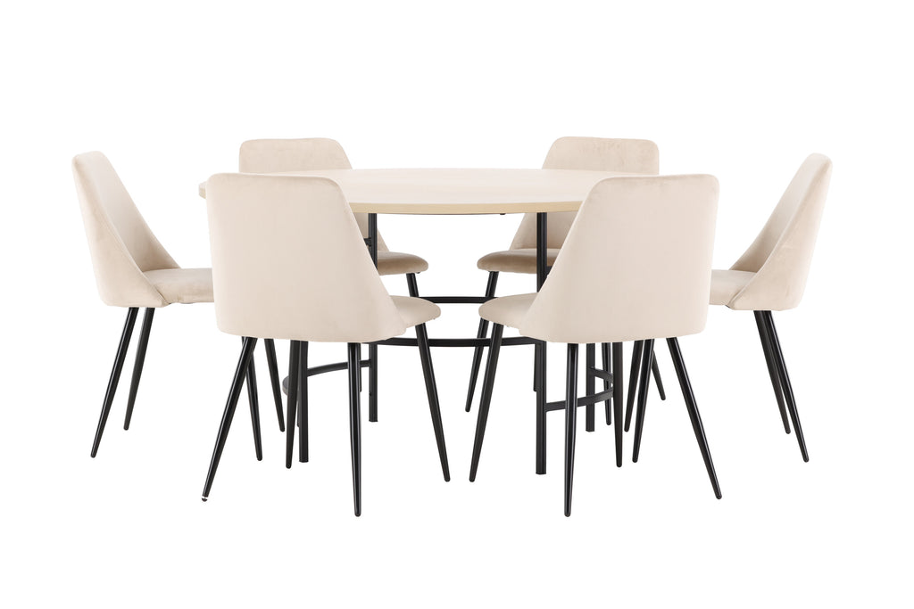 Copenhagen rund matgrupp med 6 Night-stolar vitlaserad/svart/beige