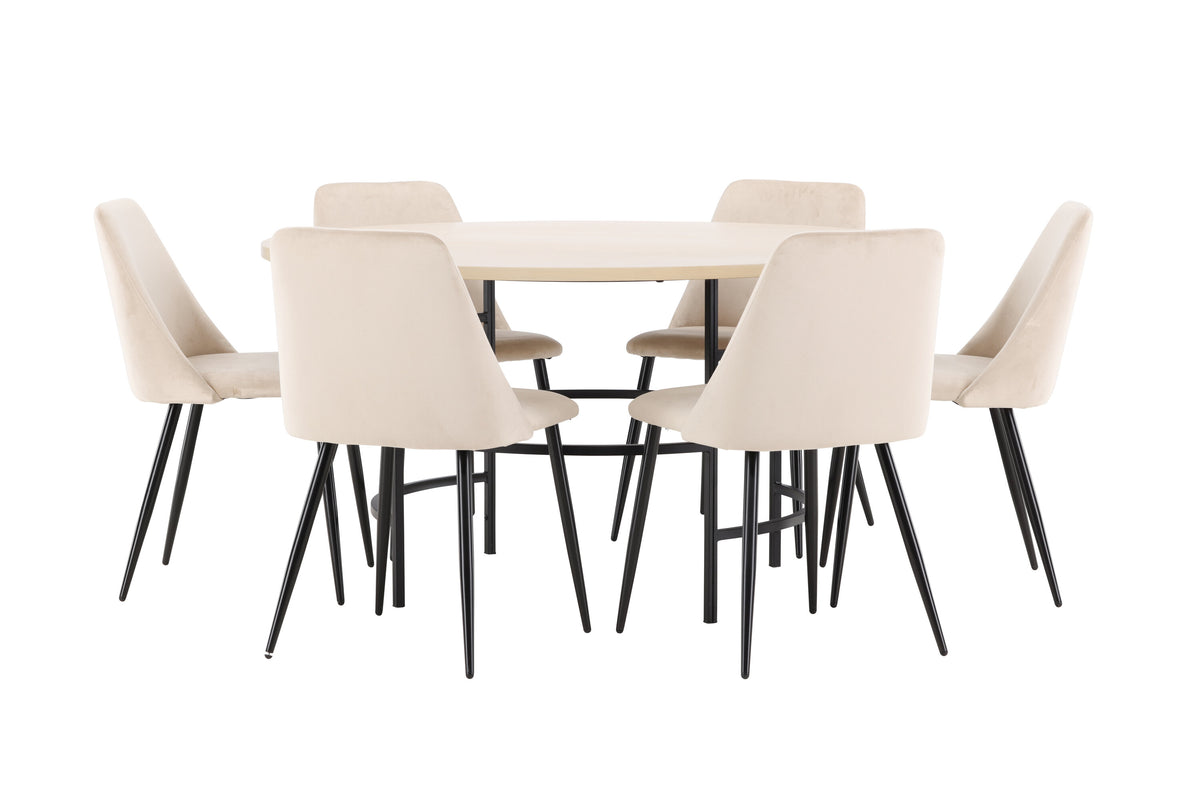 Copenhagen rund matgrupp med 6 Night-stolar vitlaserad/svart/beige