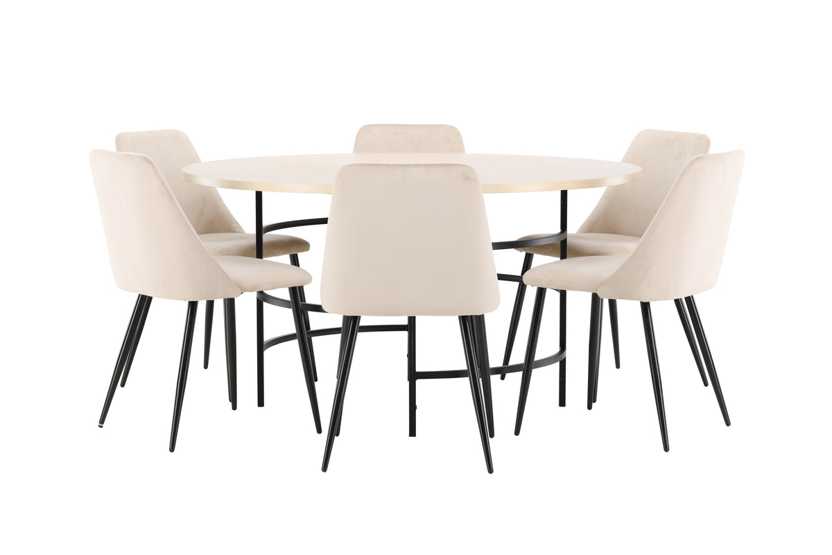 Copenhagen rund matgrupp med 6 Night-stolar vitlaserad/svart/beige