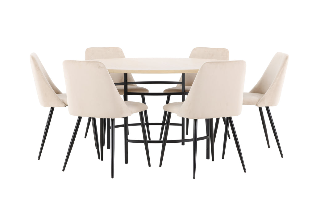 Copenhagen rund matgrupp med 6 Night-stolar vitlaserad/svart/beige
