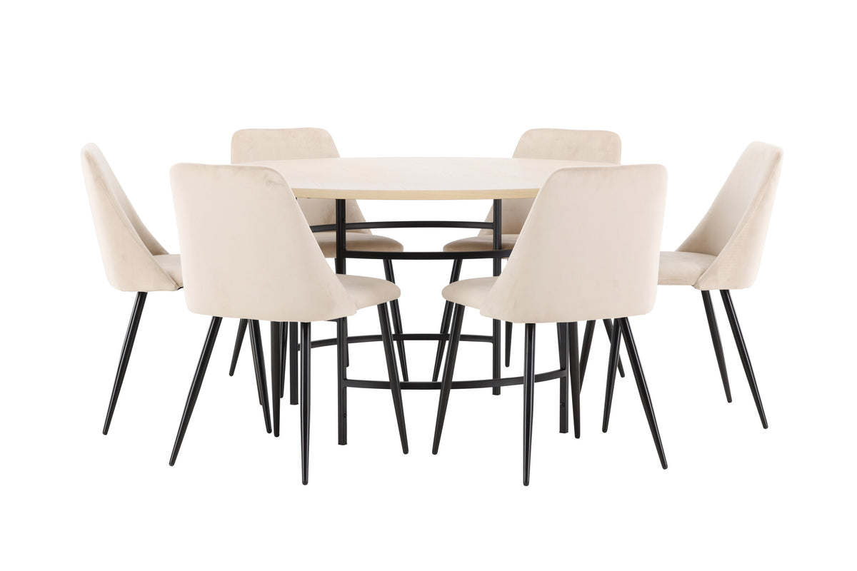 Copenhagen rund matgrupp med 6 Night-stolar vitlaserad/svart/beige