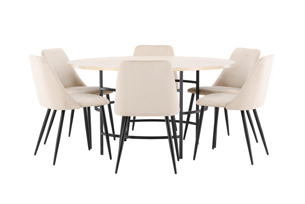 Copenhagen rund matgrupp med 6 Night-stolar vitlaserad/svart/beige