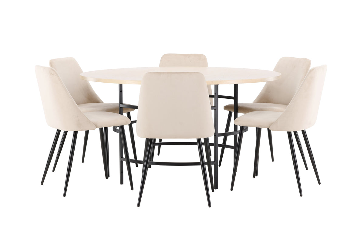 Copenhagen rund matgrupp med 6 Night-stolar vitlaserad/svart/beige