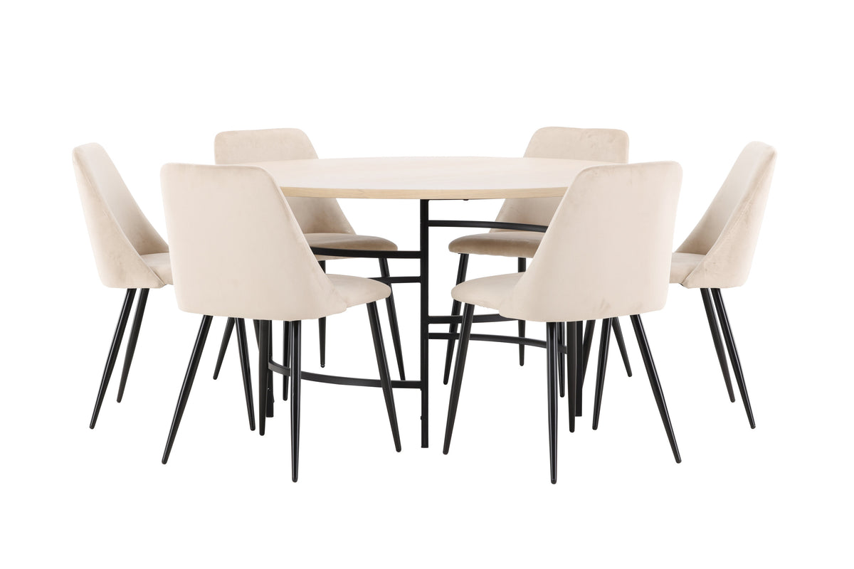Copenhagen rund matgrupp med 6 Night-stolar vitlaserad/svart/beige