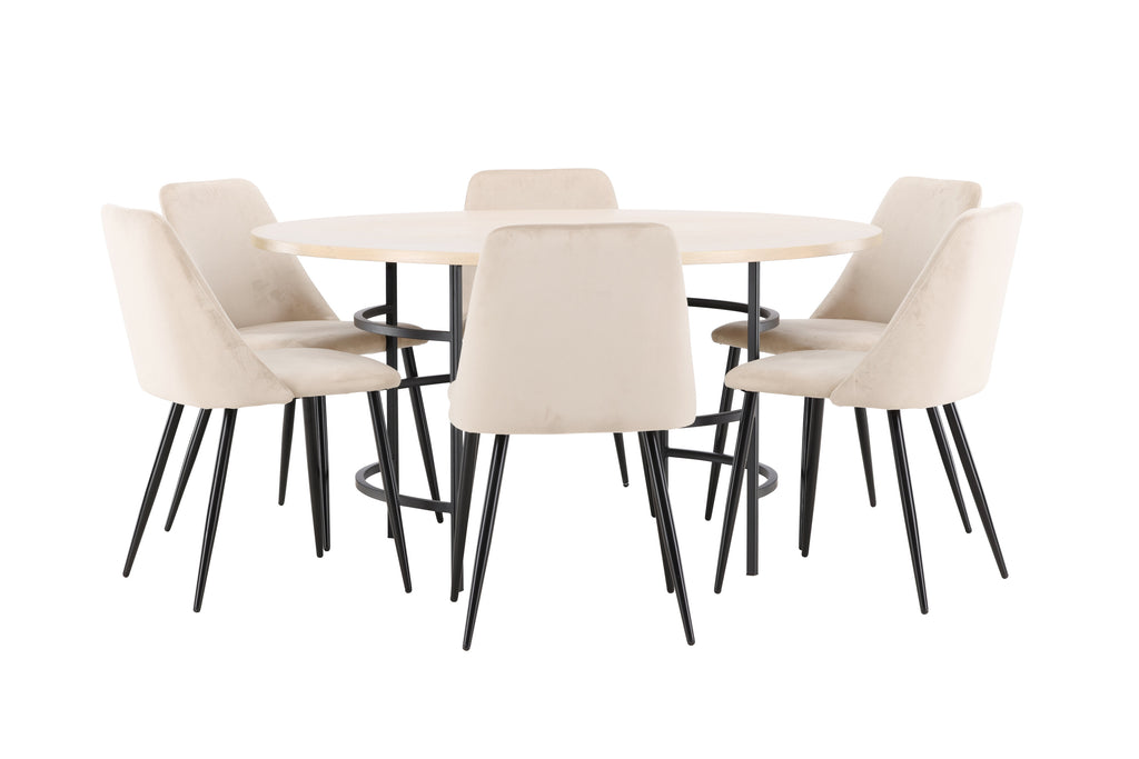 Copenhagen rund matgrupp med 6 Night-stolar vitlaserad/svart/beige