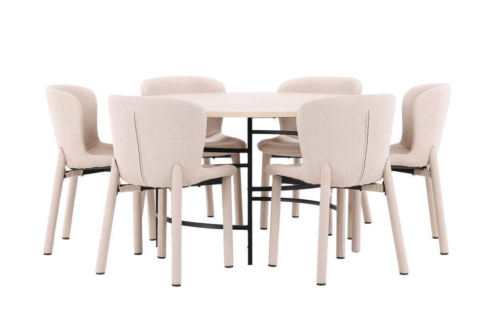 Copenhagen rund matgrupp med 6 Astoria-stolar vitlaserad/svart/beige