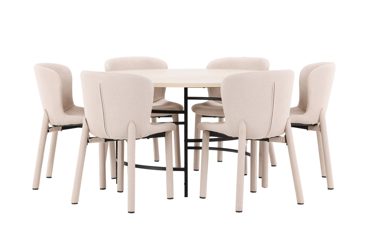 Copenhagen rund matgrupp med 6 Astoria-stolar vitlaserad/svart/beige