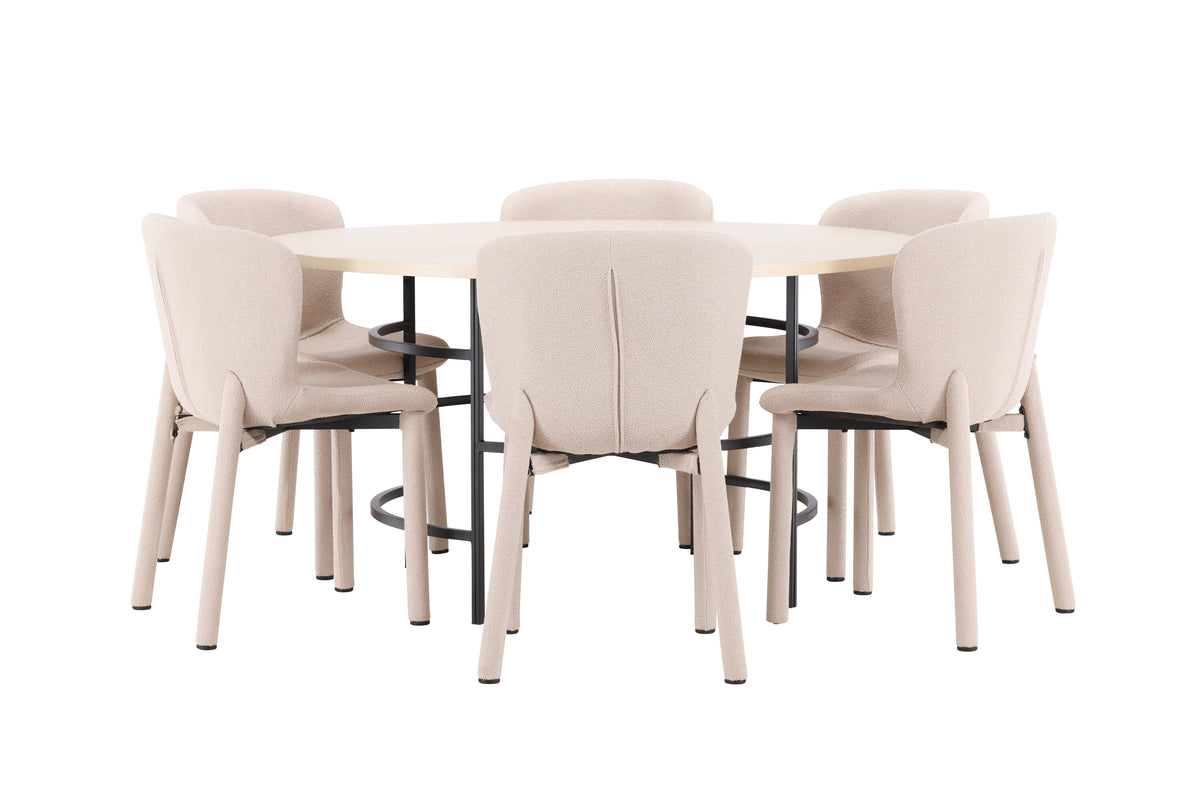 Copenhagen rund matgrupp med 6 Astoria-stolar vitlaserad/svart/beige