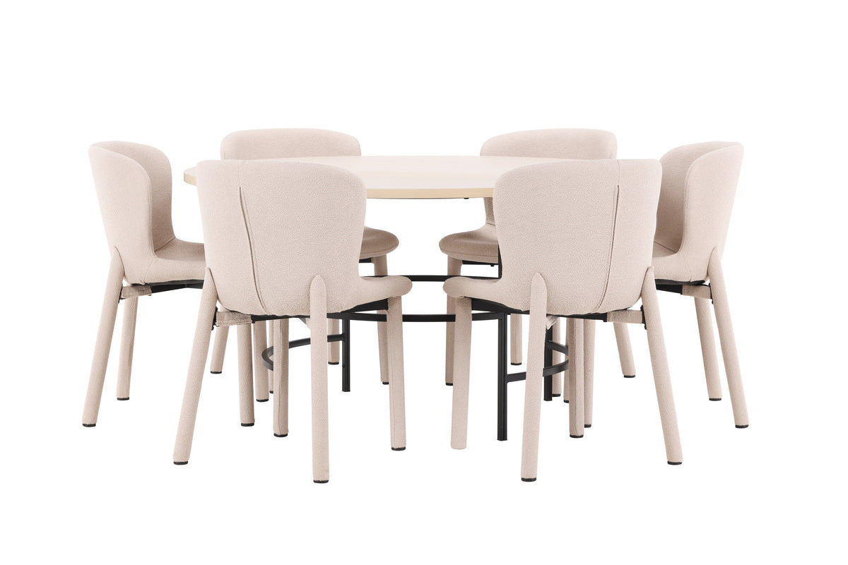 Copenhagen rund matgrupp med 6 Astoria-stolar vitlaserad/svart/beige