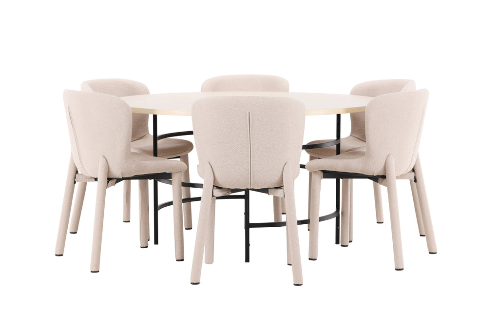 Copenhagen rund matgrupp med 6 Astoria-stolar vitlaserad/svart/beige