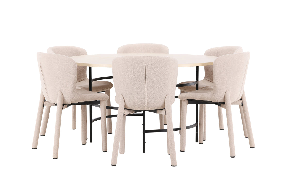 Copenhagen rund matgrupp med 6 Astoria-stolar vitlaserad/svart/beige