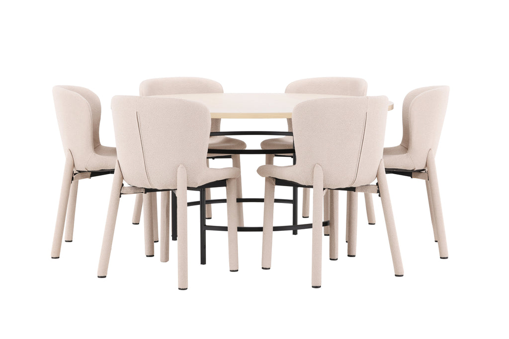 Copenhagen rund matgrupp med 6 Astoria-stolar vitlaserad/svart/beige