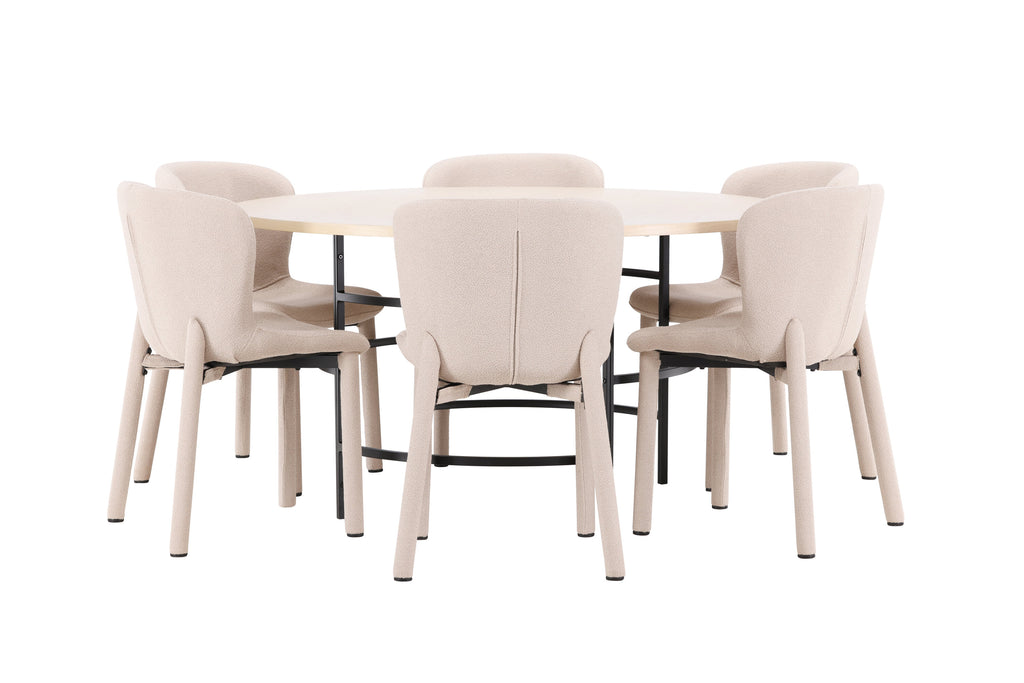 Copenhagen rund matgrupp med 6 Astoria-stolar vitlaserad/svart/beige
