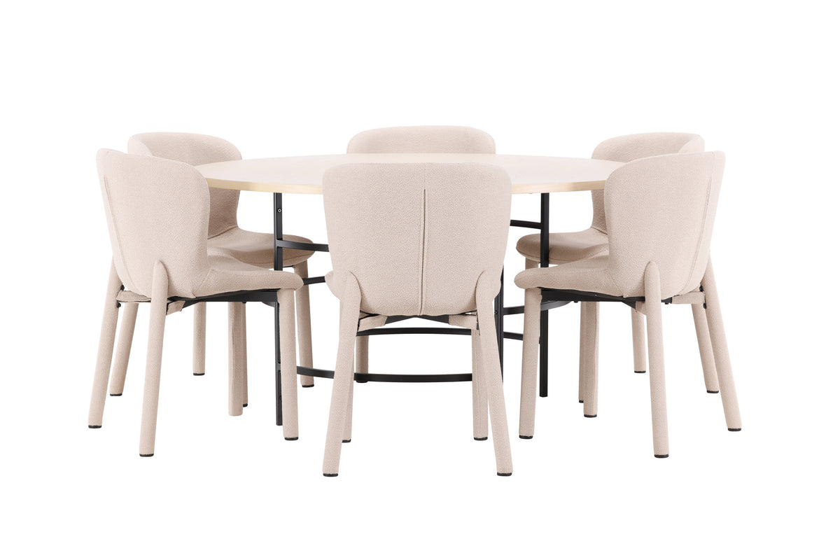 Copenhagen rund matgrupp med 6 Astoria-stolar vitlaserad/svart/beige