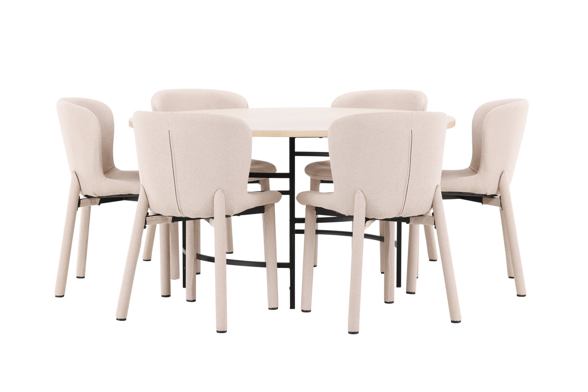 Copenhagen rund matgrupp med 6 Astoria-stolar vitlaserad/svart/beige