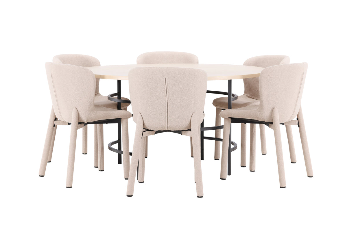 Copenhagen rund matgrupp med 6 Astoria-stolar vitlaserad/svart/beige