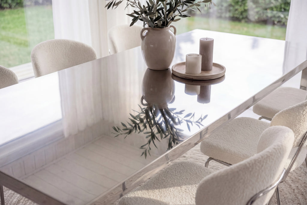 Cilo och Chico matgrupp 210x95x75 cm silver/vit med kromade stolsben