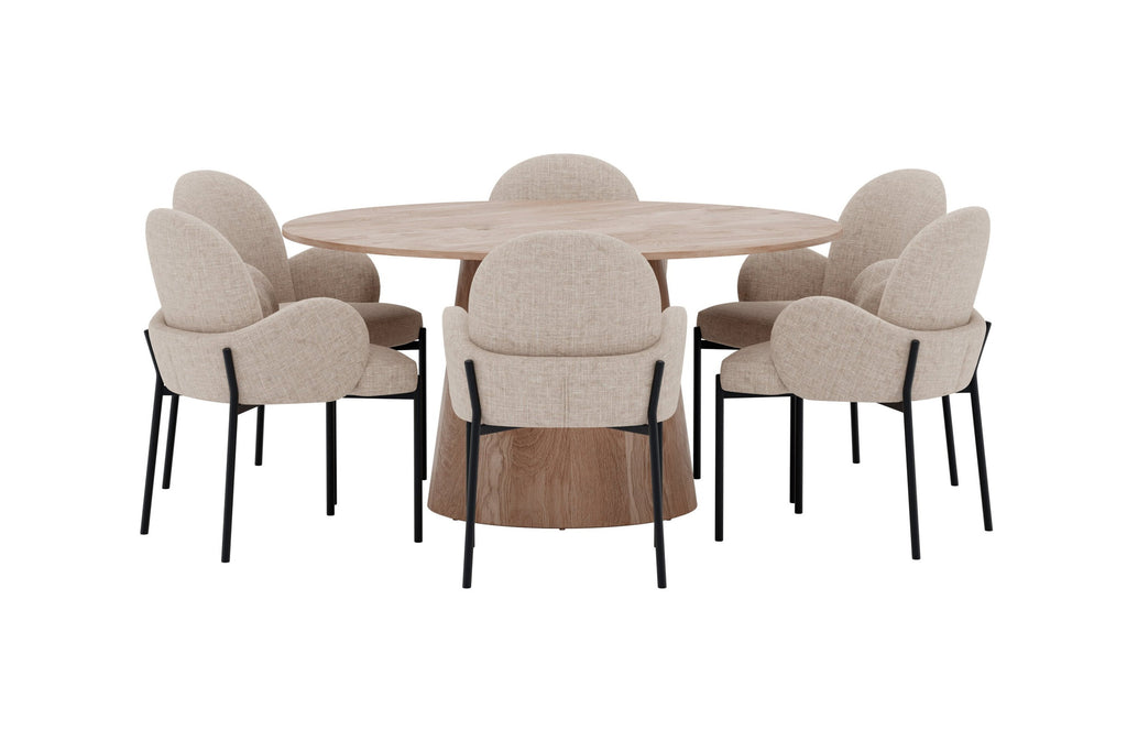 Lanzo rund matgrupp med Blom-stolar Ø150 cm natur/svart/beige