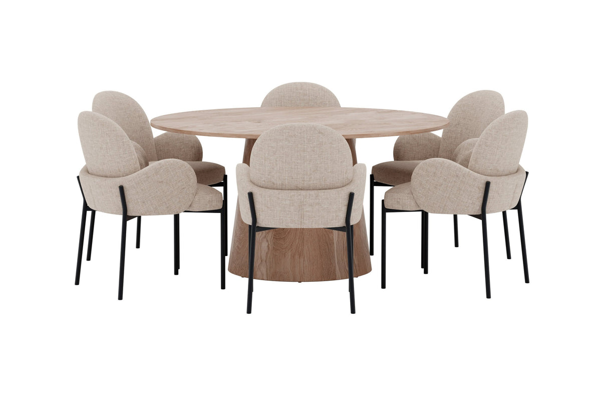 Lanzo rund matgrupp med Blom-stolar Ø150 cm natur/svart/beige