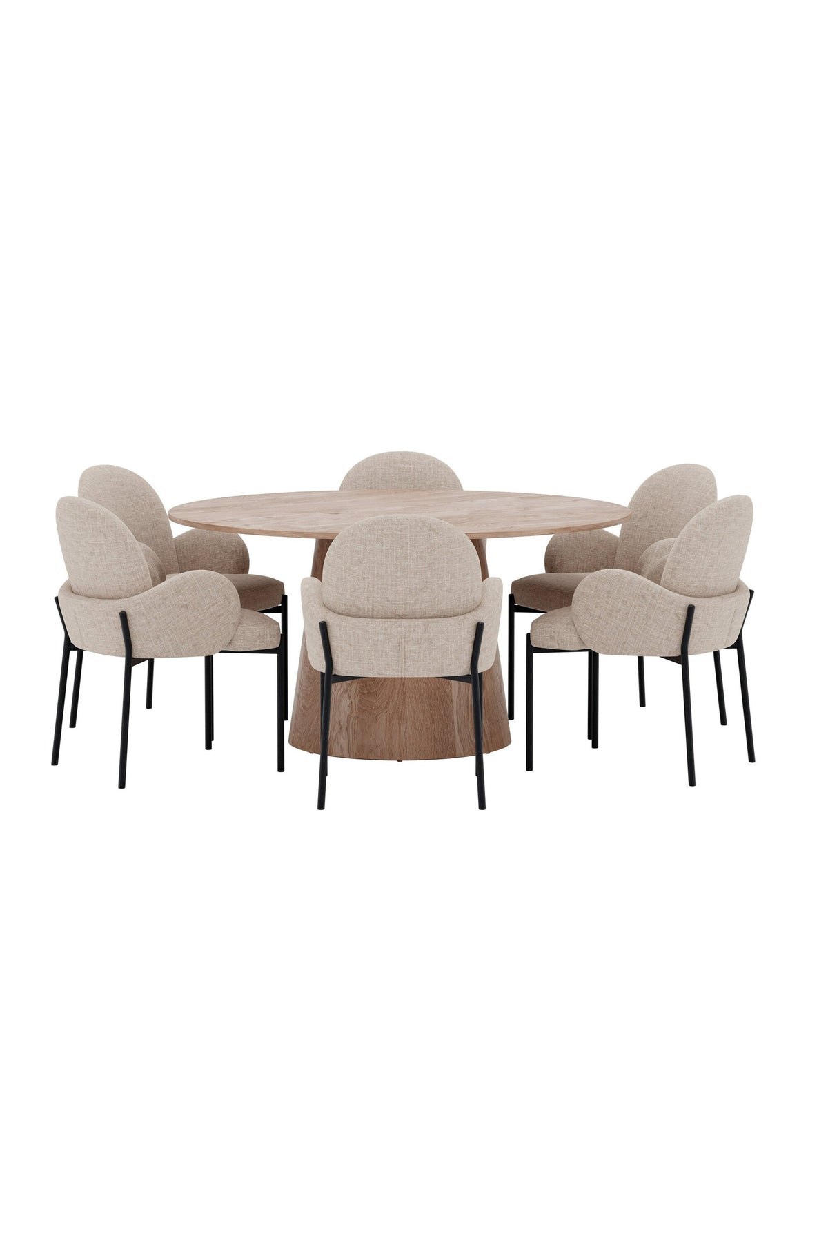 Lanzo rund matgrupp med Blom-stolar Ø150 cm natur/svart/beige