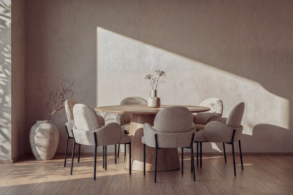 Lanzo rund matgrupp med Blom-stolar Ø150 cm natur/svart/beige